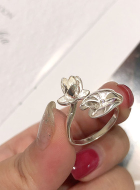 异思 民族风 荷塘月色 S925纯银立体荷叶花朵戒指 素银开口戒银饰