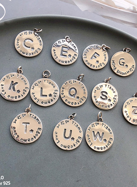 韩国东大门S925纯银圆牌英文字母项链吊坠 复古做旧个性港风银饰