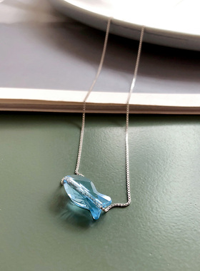 日韩S925纯银施华洛蓝色水晶小鱼儿锁骨链 ins冷淡风项链百搭超值