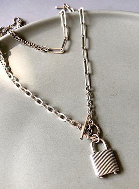 韩国东大门 S925纯银项链 OT扣条纹锁头别针拼接方形链 个性小众