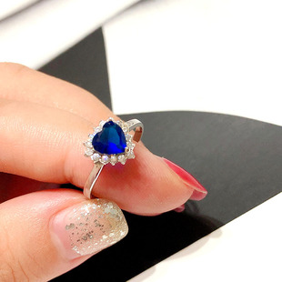 韩国定制 S925纯银海洋之心闭口戒 蓝色镶钻桃心爱心戒指时尚银饰