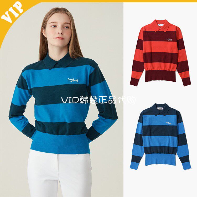 LeCoq公鸡保暖翻领条纹针织衫