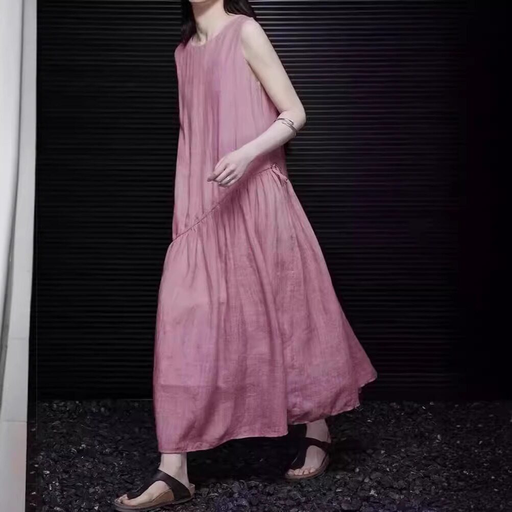 苎麻粉色连衣裙女2025夏季新款高端精致超好看气质设计感显瘦长裙