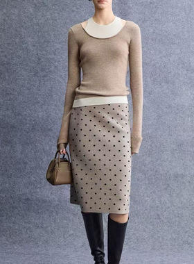 重塑优雅比例细腻亲肤羊绒羊毛法式浪漫复古波点直筒针织半裙