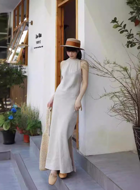 新中式立体斜裁修身显瘦亚麻连衣裙气质极简挖肩无袖挂脖背心长裙