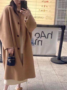 2025秋冬新款中古插肩袖廓形双面呢大衣女中长款宽松毛呢羊毛外套
