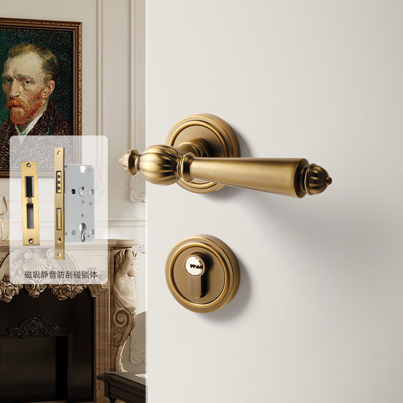 法式卧室门锁室内房间木门锁黄古铜复古门把手磁吸静音欧式房门锁