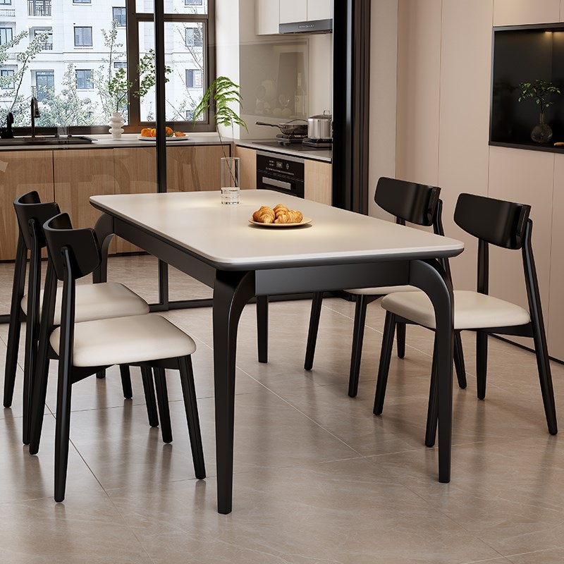 实木岩板餐桌椅组合家用小户型现代简约黑色高级客厅桌子