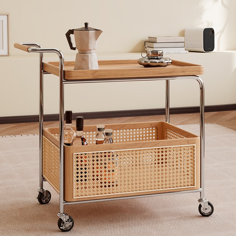 实木边几可移动收纳中古小推车客厅沙发储物置物架藤编简约餐车