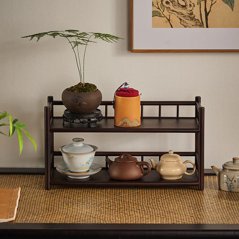 书桌侧边双层茶具收纳架置物架茶台边博古架摆放架子