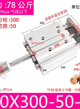 薄型带导杆可调行程三轴三杆气缸TCMJ12X16-2025/32*40-20-30-50