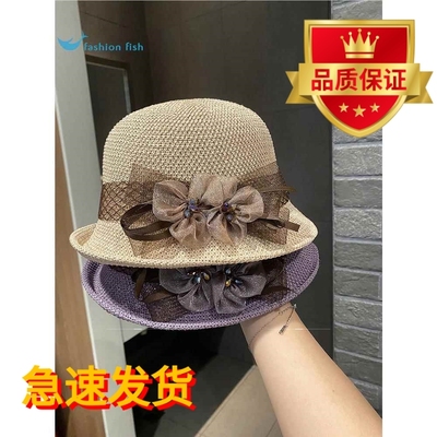 时尚英伦花朵礼帽女夏季遮阳防晒帽子法式卷边太阳帽户外网纱盆帽