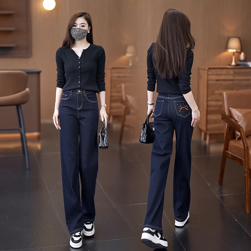 高腰显瘦原色窄版牛仔裤阔腿长裤