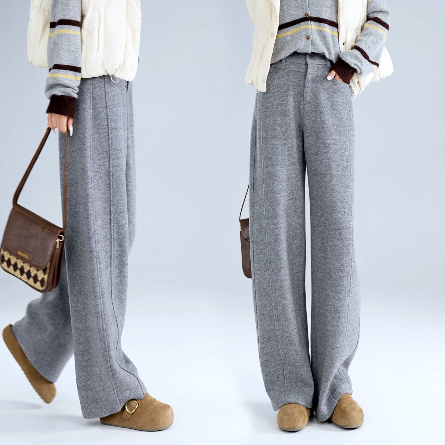 灰色加厚阔腿弯刀裤女直筒羊绒裤