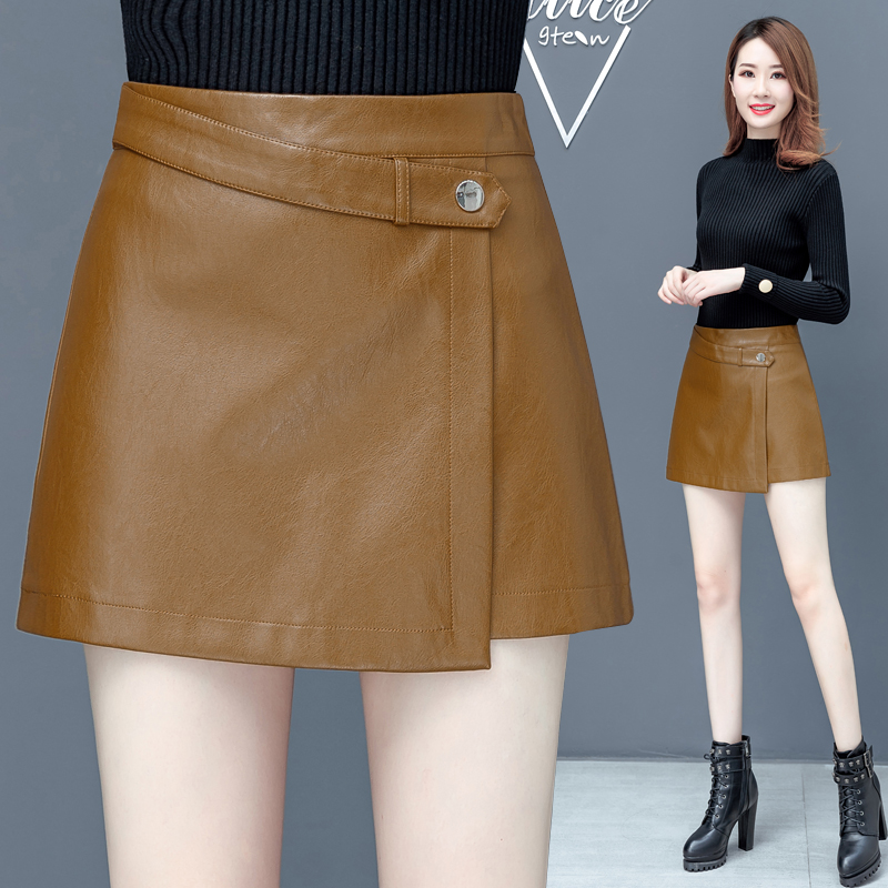 皮裙女秋季时尚短裙一片式高腰a字裙裤年新款外穿短款半身裙