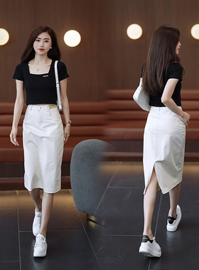 夏薄款高腰a字半身裙中长款牛仔裙女2025新款包臀一步裙白色半裙