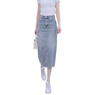 牛仔半身裙女中长款2025新款高腰a字半裙后开叉刺绣国风浅色裙子