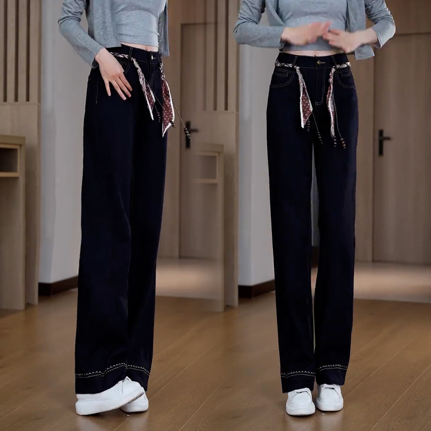 可拆卸丝巾牛仔裤女阔腿直筒裤子