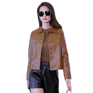 皮衣外套女2024新款秋季爆款短款小个子棕色女士时尚显瘦夹克上衣