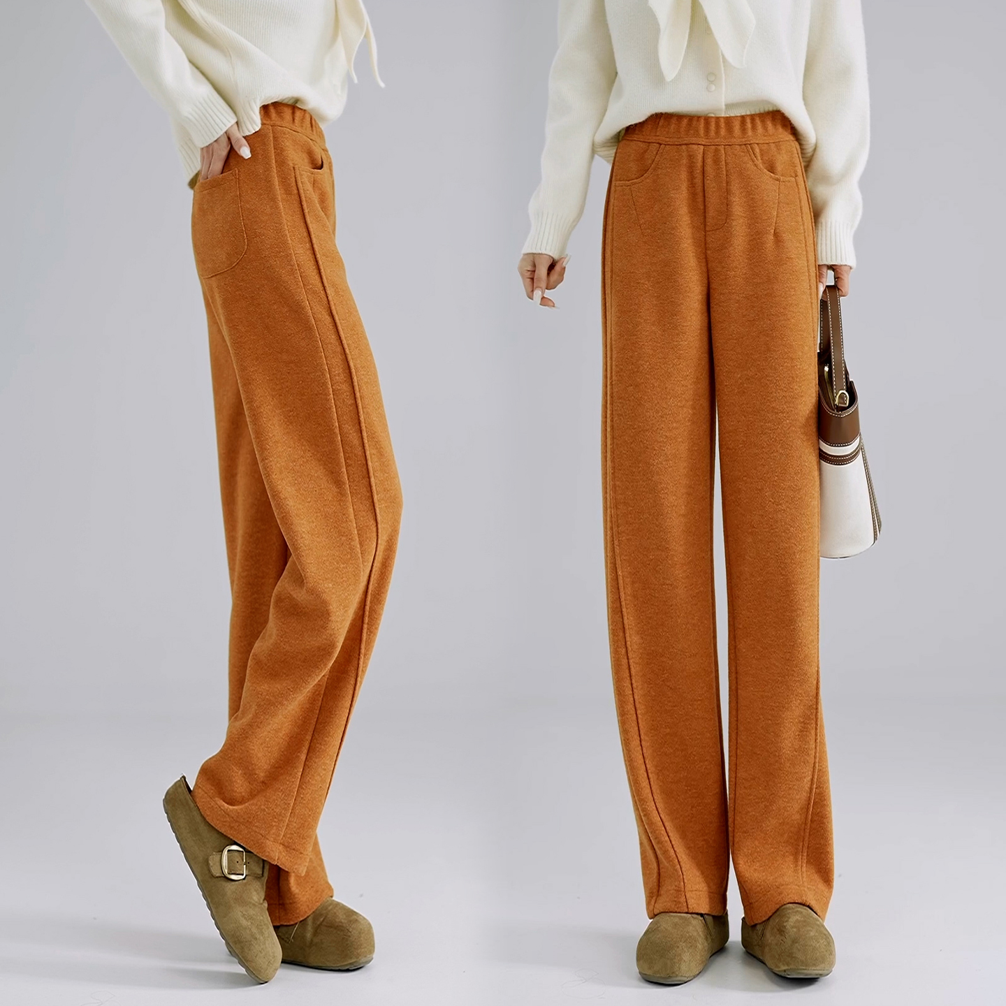 高腰阔腿羊绒裤女加绒毛呢弯刀裤