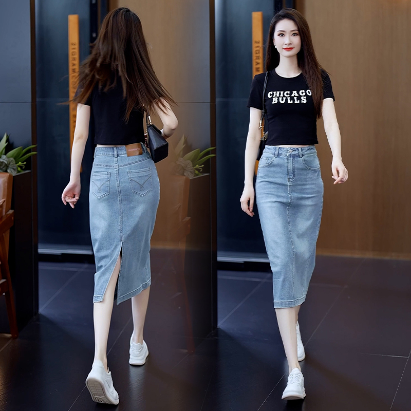 浅蓝色开叉牛仔半身裙女夏季薄款2025年新款高腰显瘦直筒包臀裙子