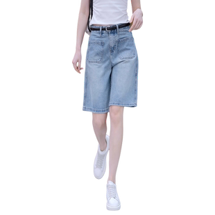 夏季高腰直筒阔腿五分牛仔短裤女宽松女裤2025年新款女士外穿中裤