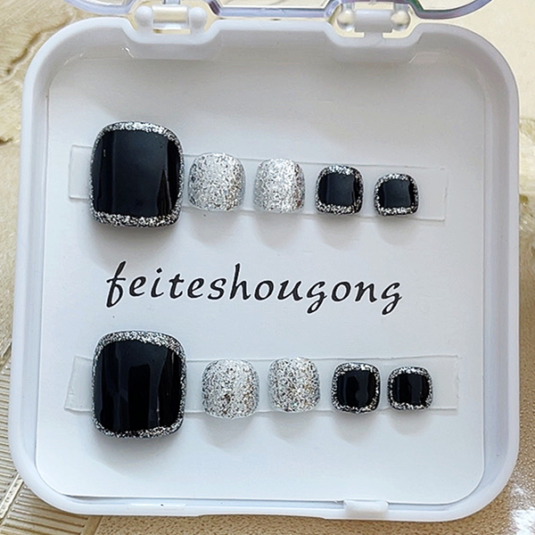 手工脚趾甲黑色银色爆闪美甲贴片