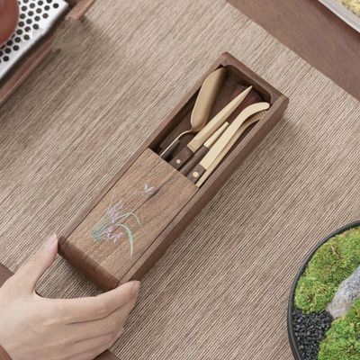 胡桃木茶道六君子套装纯铜泡茶工具大全创意折叠茶具配件收纳茶筒