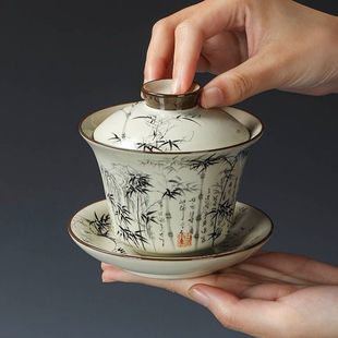 新款汝窑竹子三才盖碗茶杯带盖悬停不烫手泡茶碗高档中式功夫茶具