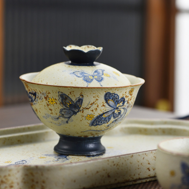 家用高档火石红蝴蝶盖碗陶瓷功夫茶具复古茶杯泡茶壶公道杯轻奢,餐饮具,盖碗,淘宝优惠券,粉丝福利购,淘宝优惠卷