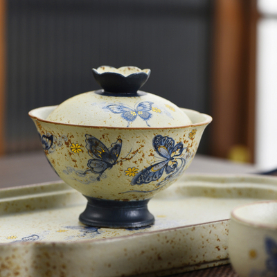 家用高档火石红蝴蝶盖碗陶瓷功夫茶具复古茶杯泡茶壶公道杯轻奢