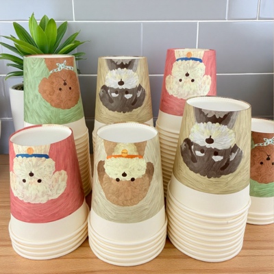 加厚250ml油画小狗图案纸杯整箱