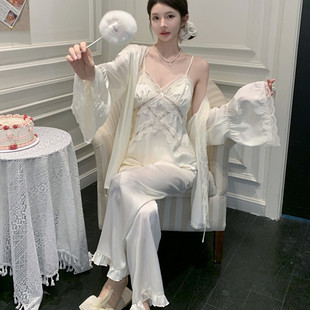蕾丝吊带睡衣春秋高级感冰丝三件套长袖 家居服女带胸垫 长裤 夏法式