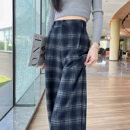 毛呢格子阔腿裤女秋冬新款高腰