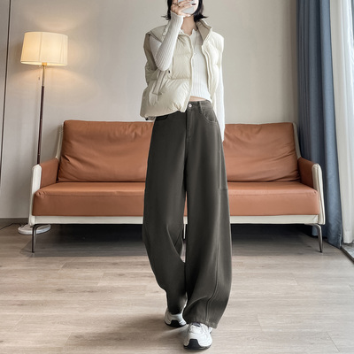 灰色加绒弯刀阔腿牛仔裤女冬季