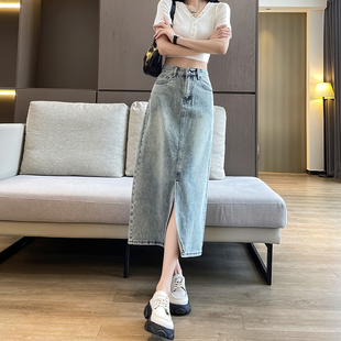 浅色前开叉牛仔裙女2025春夏薄款 半身裙 设计感高腰显瘦百搭中长款