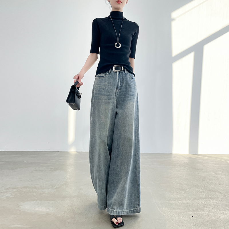 怀旧蓝阔腿牛仔裤女春季新款