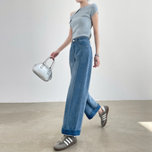 翻边九分高腰显瘦拼接直筒裤 新款 子 女秋季 莱赛尔天丝棉阔腿牛仔裤