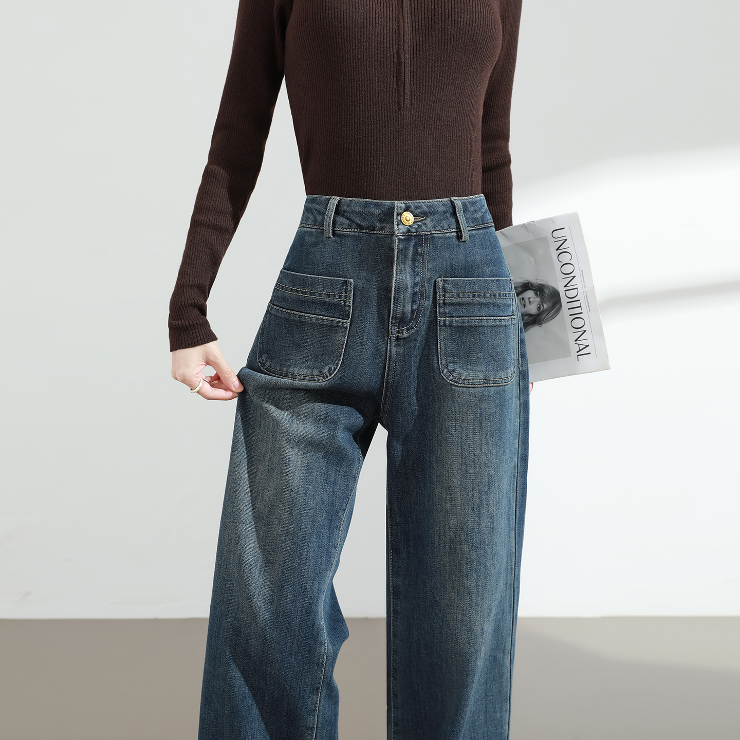 复古蓝加绒窄版阔腿牛仔裤女秋冬