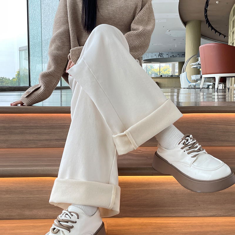 米白色加绒加厚阔腿牛仔裤女冬季