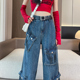 高腰宽松设计感多口袋直筒阔腿裤 复古蓝美式 女春秋新款 牛仔裤 工装