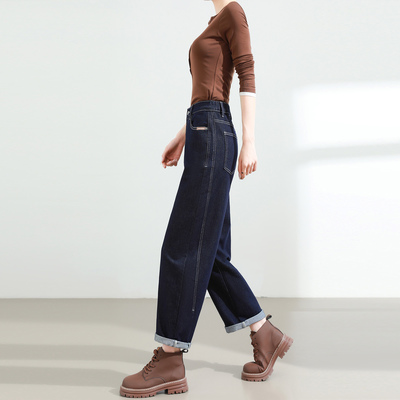 丹宁蓝哈伦牛仔裤女秋季新款高腰