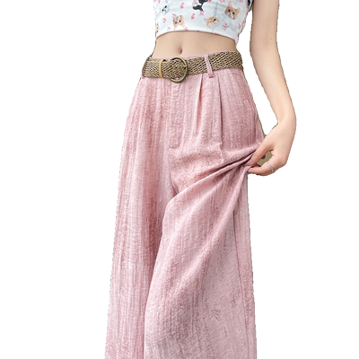 粉色冰丝扎染棉麻阔腿裤女夏季
