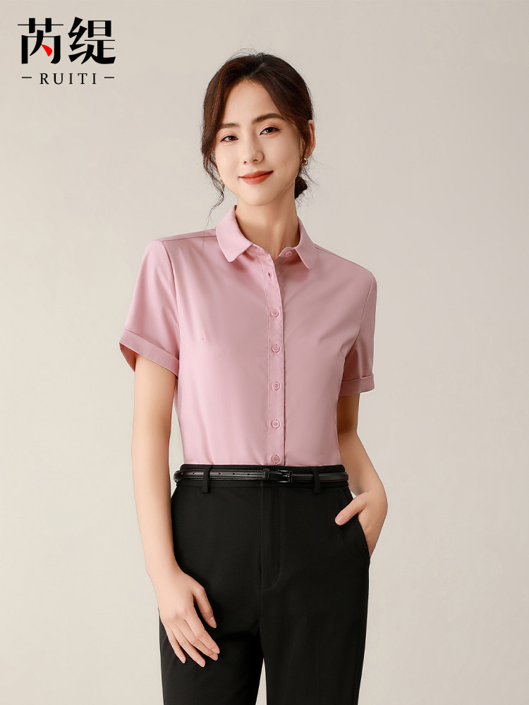 粉色短袖衬衫女夏季职业正装商务气质上衣休闲ol工装工作服衬衣