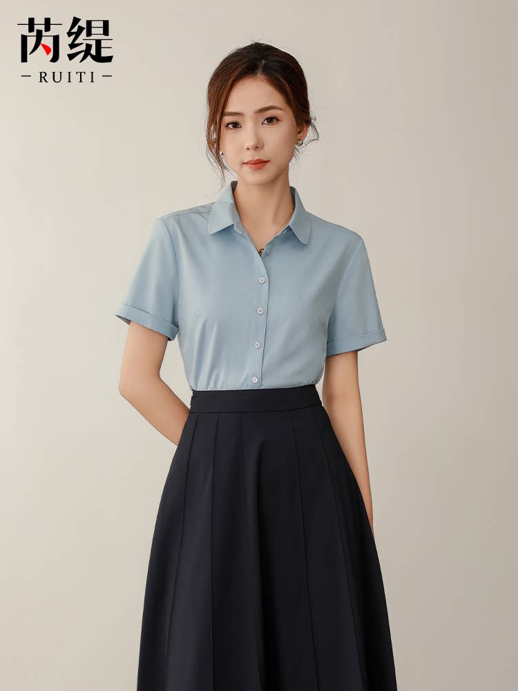 抗皱蓝色衬衫女短袖夏季新款职业正装工装工作服气质通勤面试衬衣