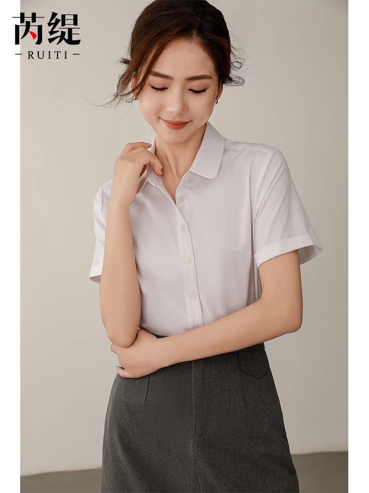 娃娃领白色衬衫女短袖职业正装工装工作服上衣国考面试竹纤维衬衣