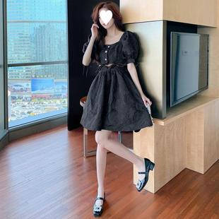 2024春夏泡泡袖拼接假两件浮提花连衣裙A字露腰设计感裙子