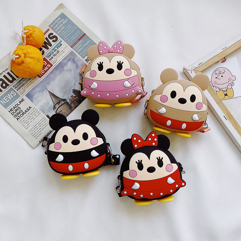 新款卡通可爱硅胶可站立可调节斜跨圆形零钱包粉色米老鼠收纳包包