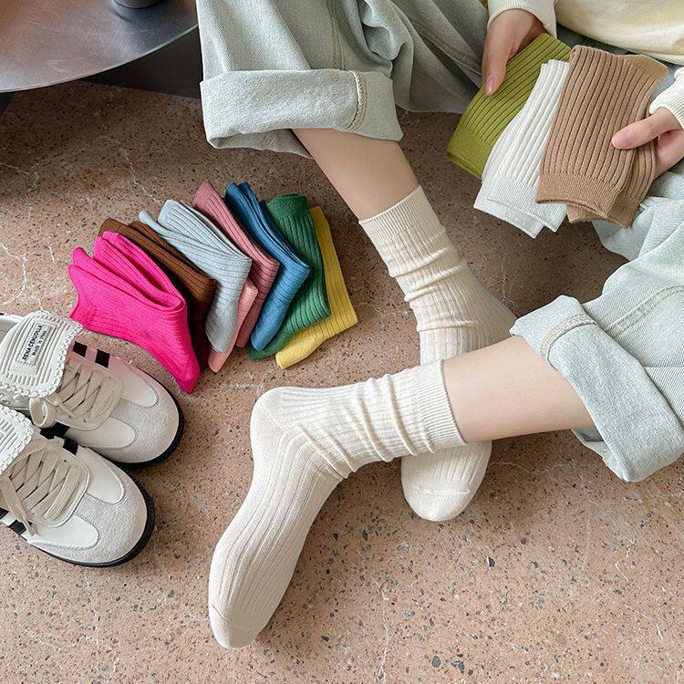 粗线女袜多巴胺亮色袜子女双针堆中筒袜