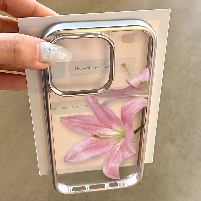 ins电镀晶莹壳简约粉百合花适手机壳17苹果16pro新款iPhone15promax透明14女生13硬12高级感小众11防摔保护套